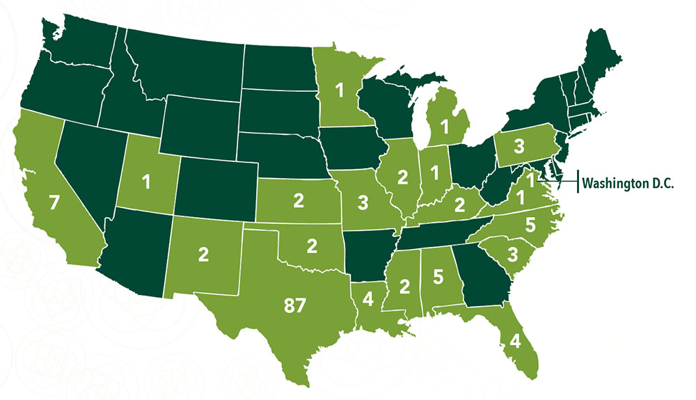 Map of USA of where SOE faculty earned degrees