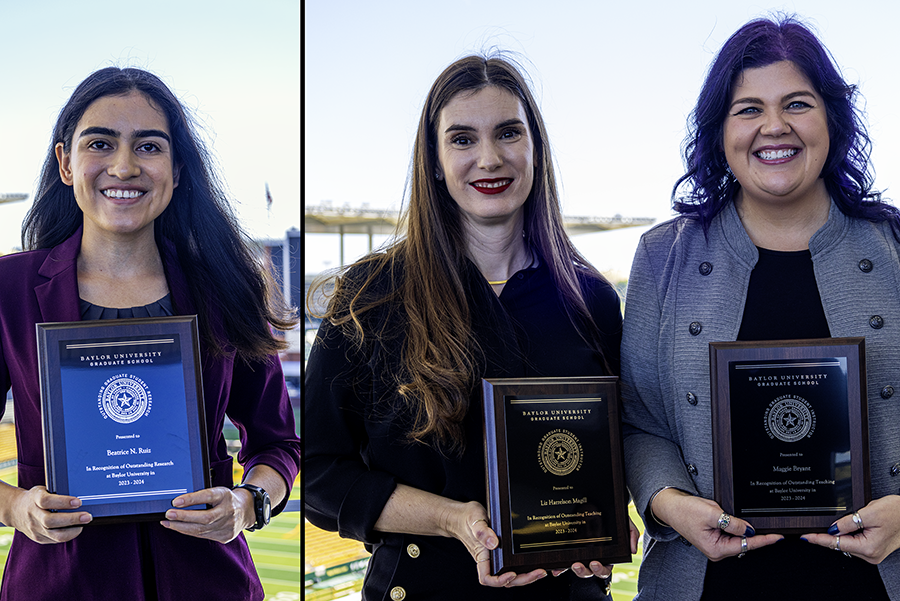 L-R: Beatrice Ruiz, Liz Magill, Maggie Bryant, SOE graduate students winning university awards